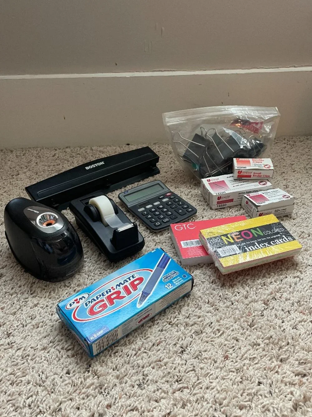 Office Bundle: Pencil Sharpener, Tape Dispenser, Calculator, 3-Hole Punch, Clips